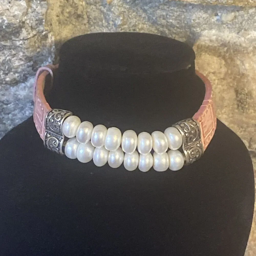 Honora Silver Pink Leather Cuff Bracelet White Freshwater Cultured Pearl